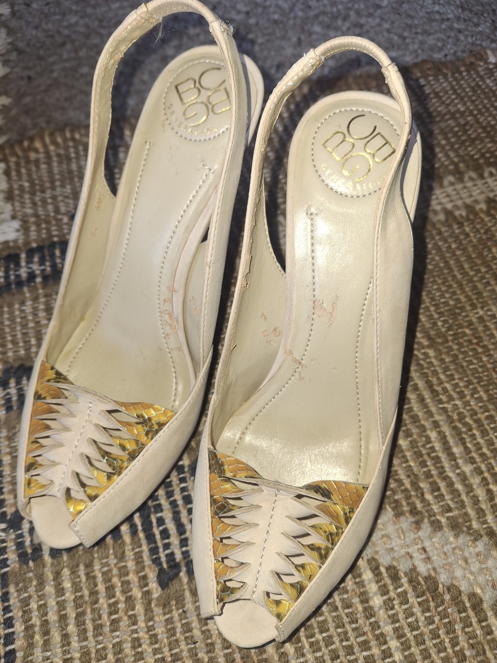 BCBG Cream and Gold Peep-Toe Slingback Heels with Braided Accent